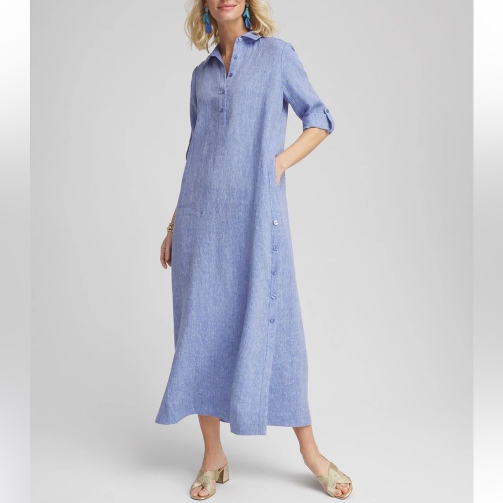 Chicos Linen Maxi Dress Shirtdress Blue